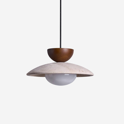 Travertine Stone Pendant Light with Wood Accent for Dining Room & Kitchen Island | Natural Glass Shade Hanging Ceiling Lamp