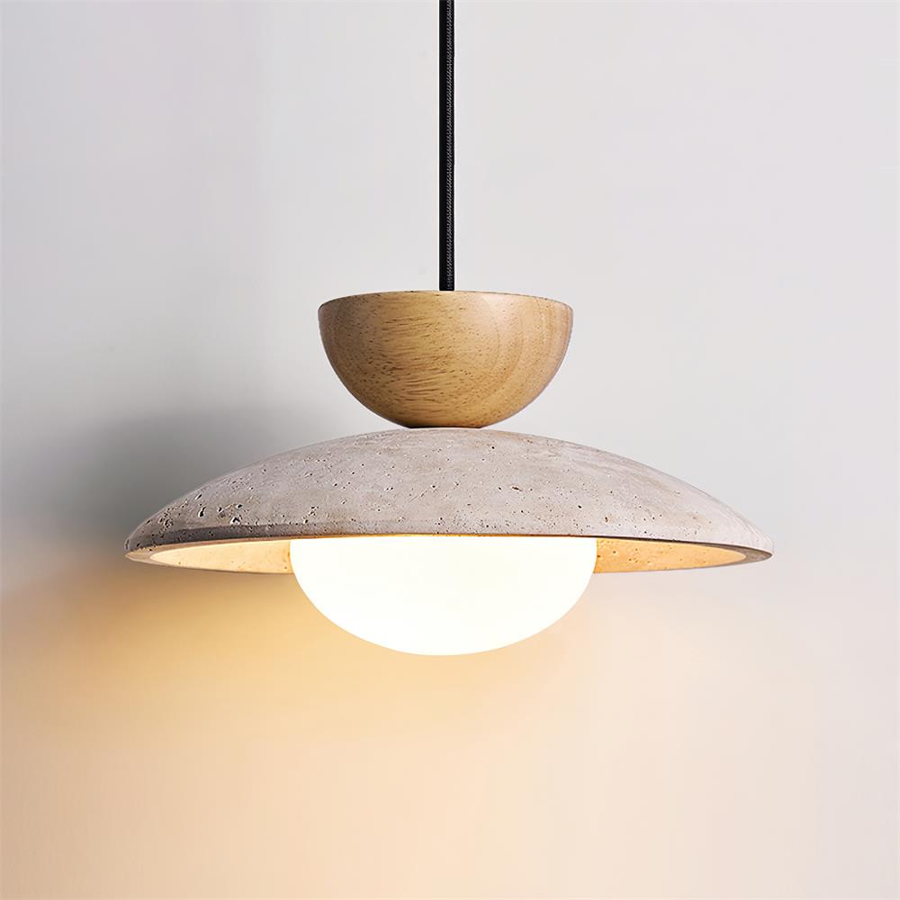 Travertine Stone Pendant Light with Wood Accent for Dining Room & Kitchen Island | Natural Glass Shade Hanging Ceiling Lamp