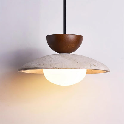 Travertine Stone Pendant Light with Wood Accent for Dining Room & Kitchen Island | Natural Glass Shade Hanging Ceiling Lamp