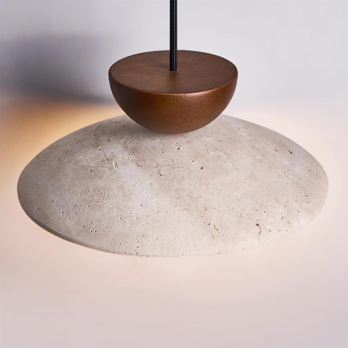Travertine Stone Pendant Light with Wood Accent for Dining Room & Kitchen Island | Natural Glass Shade Hanging Ceiling Lamp