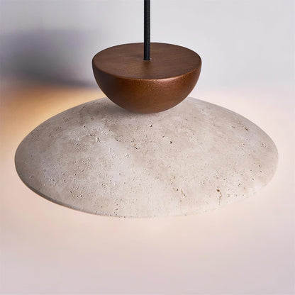 Travertine Stone Pendant Light with Wood Accent for Dining Room & Kitchen Island | Natural Glass Shade Hanging Ceiling Lamp