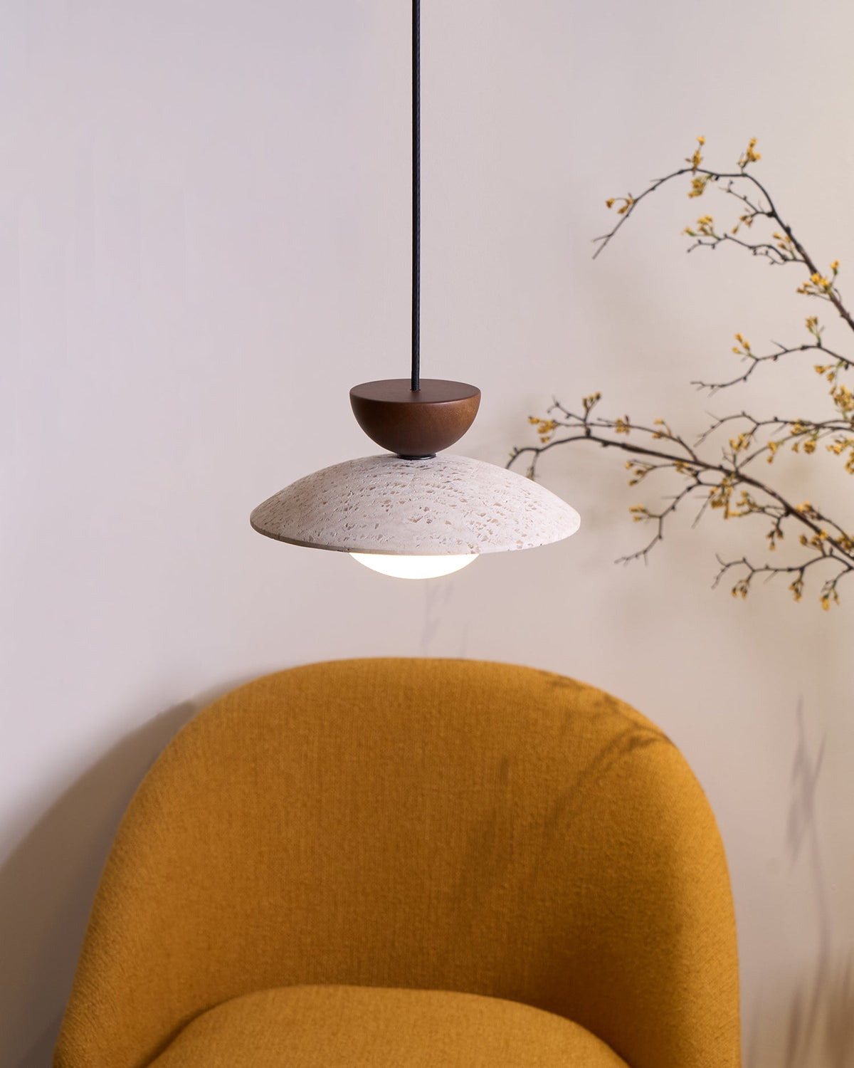 Travertine Glass Hanging Light Fixture with Wood Accent for Kitchen Island Dining Room Overhead Suspension Lamp Adjustable Cord Ceiling Moun