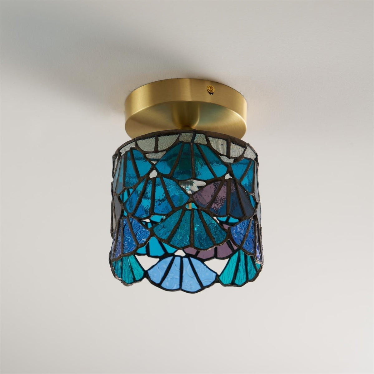 Flush Mount Mosaic Glass Ceiling Fixture Blue Pink 8 Inch E14 Socket Bathroom Entry Hall Decorative Overhead Light Brass Accent for Compact