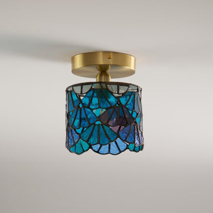 Flush Mount Mosaic Glass Ceiling Fixture Blue Pink 8 Inch E14 Socket Bathroom Entry Hall Decorative Overhead Light Brass Accent for Compact