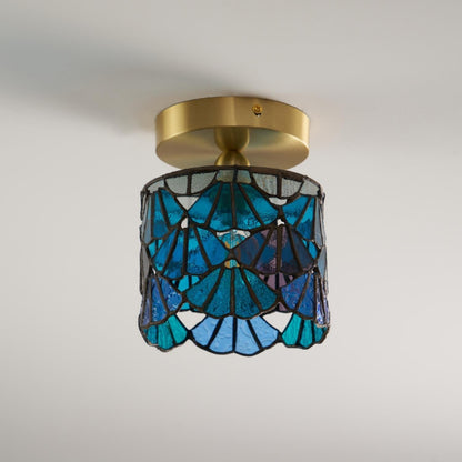 Flush Mount Mosaic Glass Ceiling Fixture Blue Pink 8 Inch E14 Socket Bathroom Entry Hall Decorative Overhead Light Brass Accent for Compact