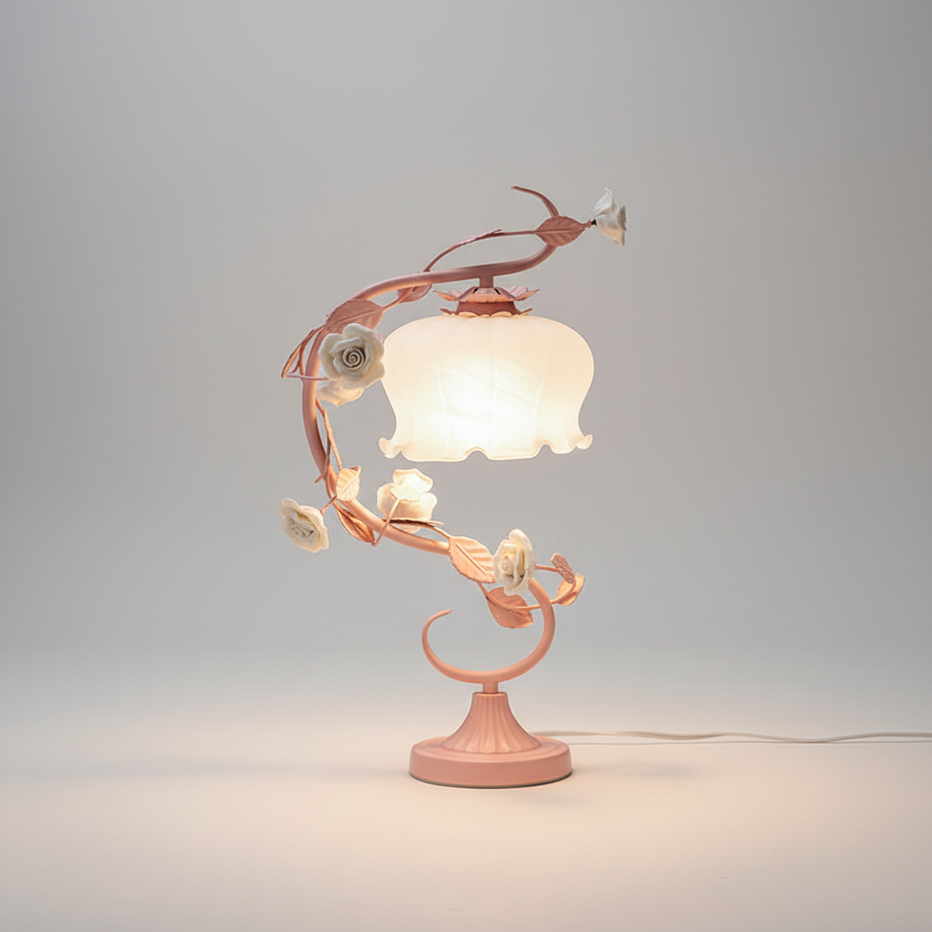 Porcelain Rose Bedside Lamp 9 in Pink Frosted Glass Accent Light for Nightstand Bedroom Living Room Home Office Cottage Décor Reading Lighti