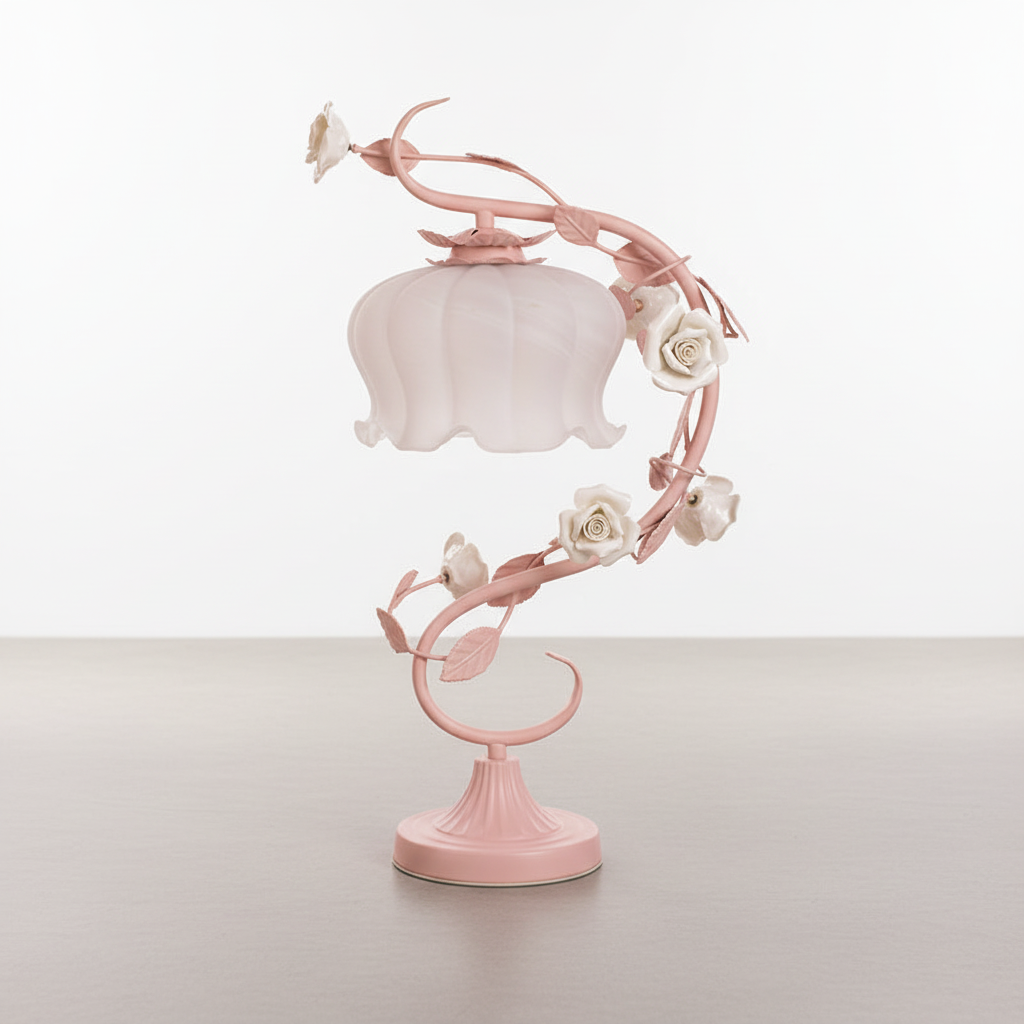 Porcelain Rose Bedside Lamp 9 in Pink Frosted Glass Accent Light for Nightstand Bedroom Living Room Home Office Cottage Décor Reading Lighti