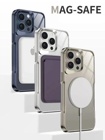 Translucent Hard Shell Case with Magnetic Charging for iPhone 12-17 – Metallic Finish, Raised Edges, Shock Protection