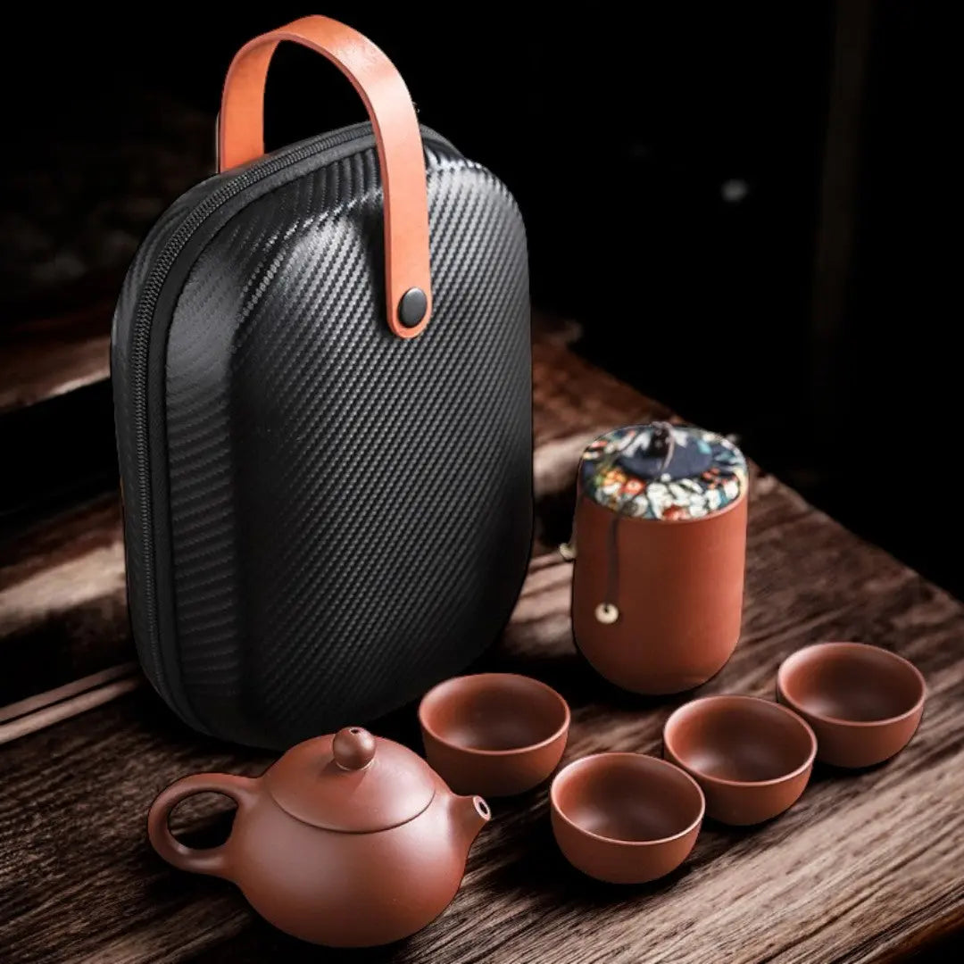 Ceramic Teapot Set with Travel Case 5.6 oz Pot Four Cups Portable Carrier for Camping Outdoor Picnics Office Breaks Gongfu Tea Ceremony Kung