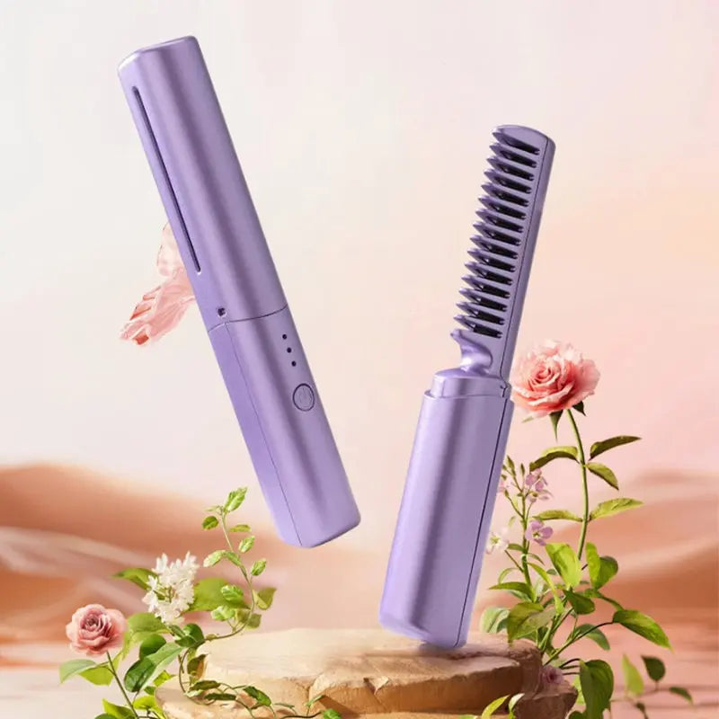 Cordless Hair Straightening Brush with Ceramic Coating & 3 Heat Settings for Travel & On-the-Go Styling