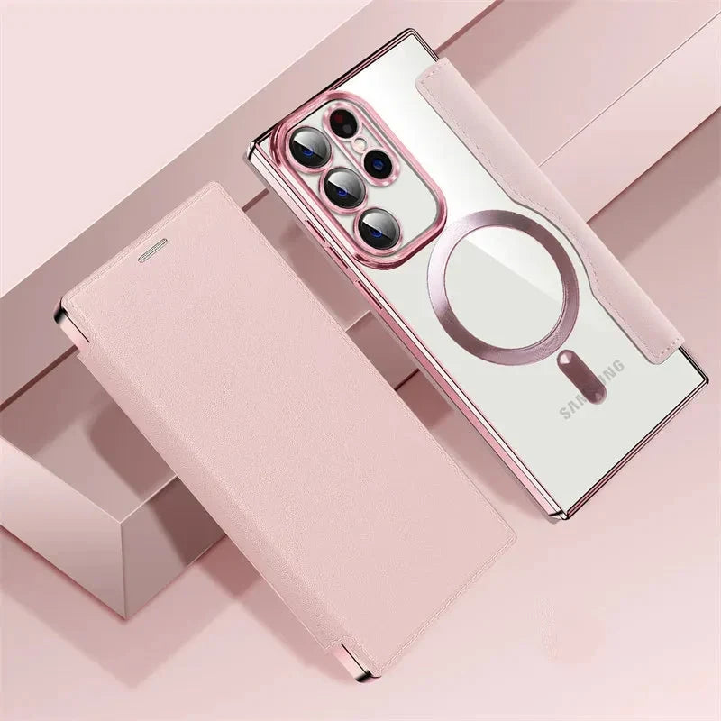 Clear Folio Card Holder Phone Case for Samsung Galaxy S22 S23 S24 S25 S26 with MagSafe Ring & Full-Screen Cover
