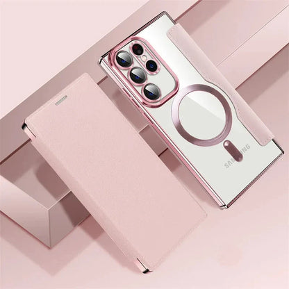 Clear Folio Card Holder Phone Case for Samsung Galaxy S22 S23 S24 S25 S26 with MagSafe Ring & Full-Screen Cover