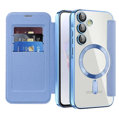 Clear Folio Card Holder Phone Case for Samsung Galaxy S22 S23 S24 S25 S26 with MagSafe Ring & Full-Screen Cover