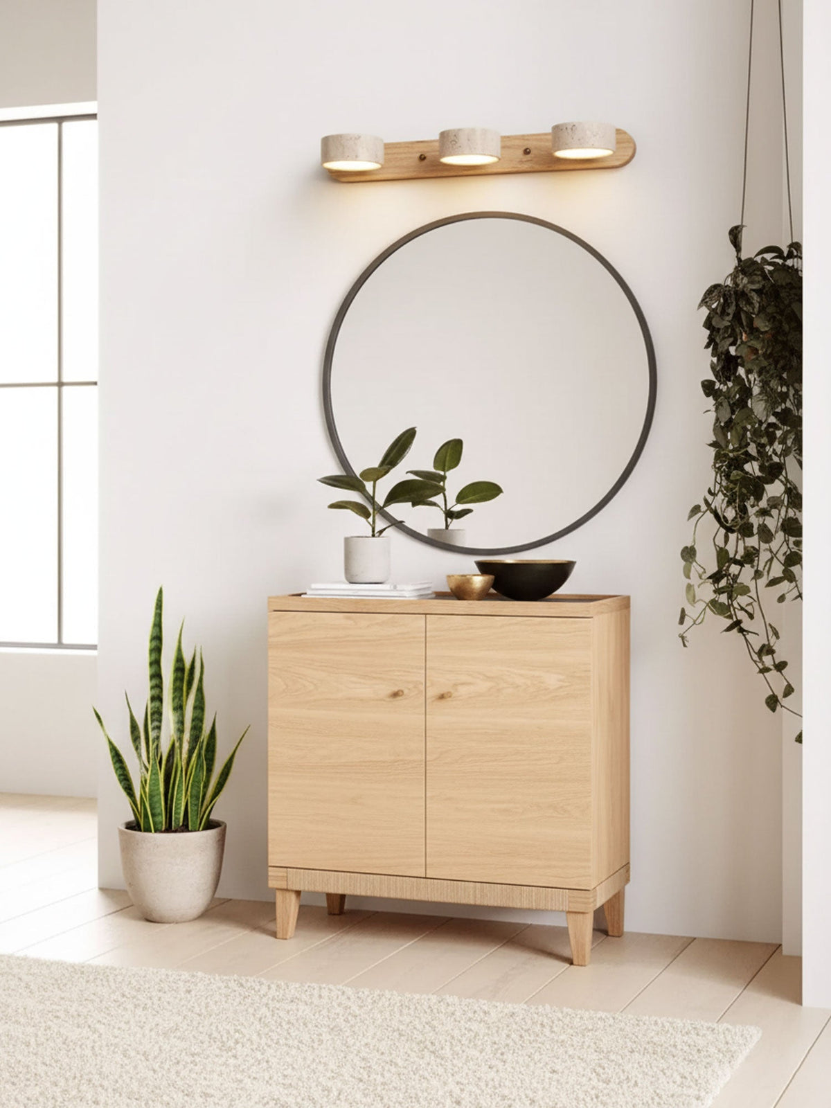 Natural Stone Wall Sconce with Integrated LED 2-Light Hardwired Fixture Wood Accent Lighting for Bedroom Hallway Living Room Indoor Ambient