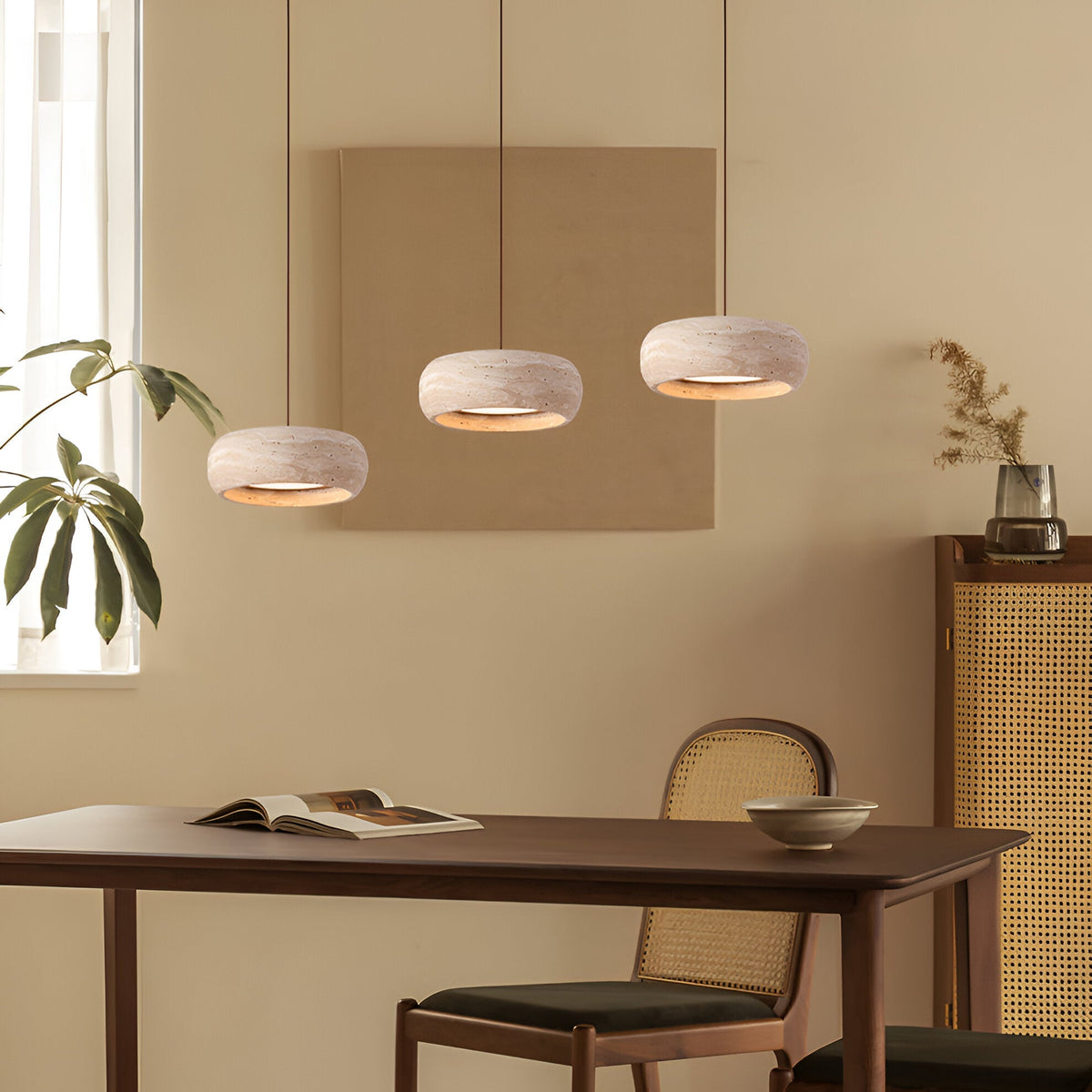 Stone Hanging Lamp 8-Inch Round Natural Travertine Shade Adjustable Drop Cord Ceiling Fixture for Kitchen Island Dining Table Room Modern Or