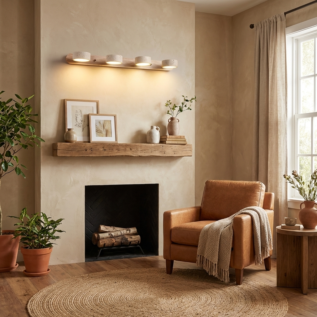 Natural Stone Wall Sconce with Integrated LED 2-Light Hardwired Fixture Wood Accent Lighting for Bedroom Hallway Living Room Indoor Ambient
