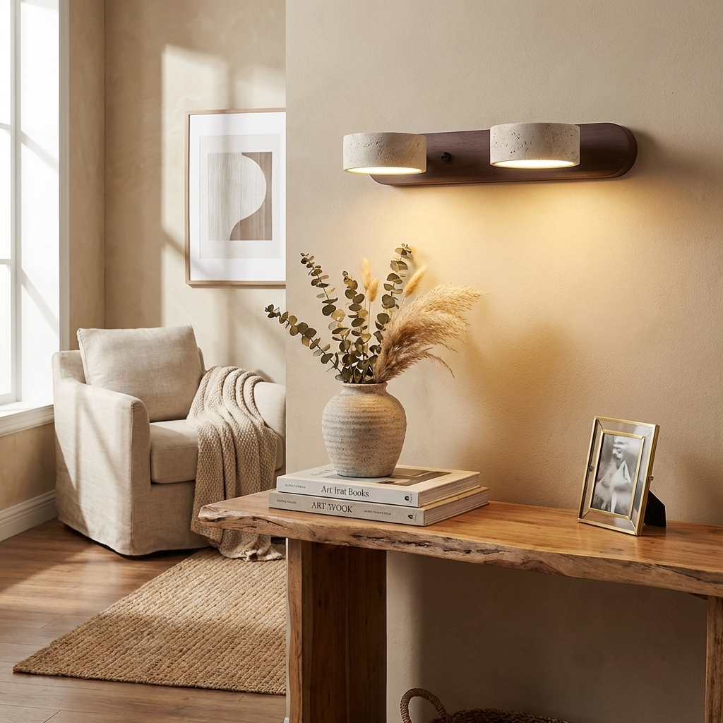 Natural Stone Wall Sconce with Integrated LED 2-Light Hardwired Fixture Wood Accent Lighting for Bedroom Hallway Living Room Indoor Ambient