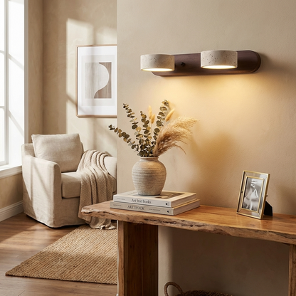 Natural Stone Wall Sconce with Integrated LED 2-Light Hardwired Fixture Wood Accent Lighting for Bedroom Hallway Living Room Indoor Ambient