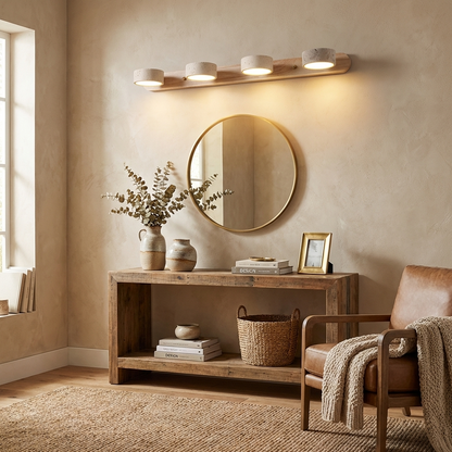 Natural Stone Wall Sconce with Integrated LED 2-Light Hardwired Fixture Wood Accent Lighting for Bedroom Hallway Living Room Indoor Ambient