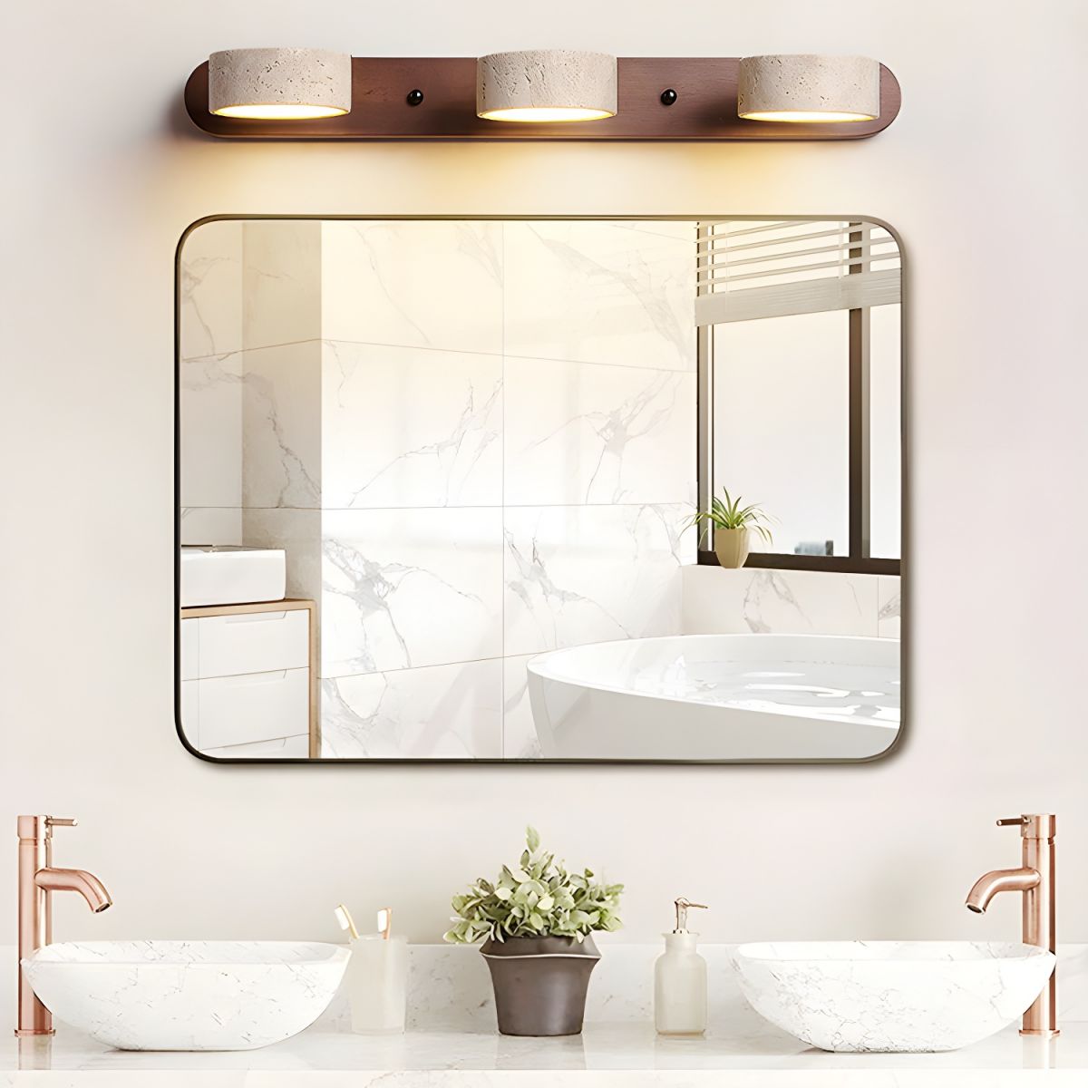 Natural Stone Wall Sconce with Integrated LED 2-Light Hardwired Fixture Wood Accent Lighting for Bedroom Hallway Living Room Indoor Ambient