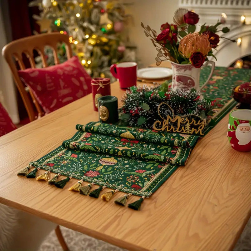 Tropical Botanical Table Runner - Festive Polyester with Tassels