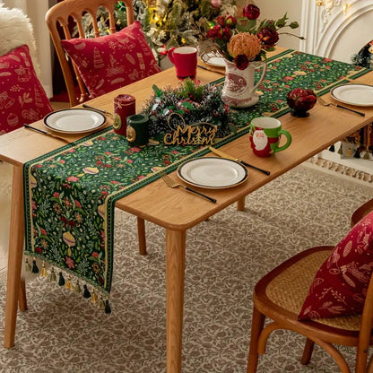 Tropical Botanical Table Runner - Festive Polyester with Tassels