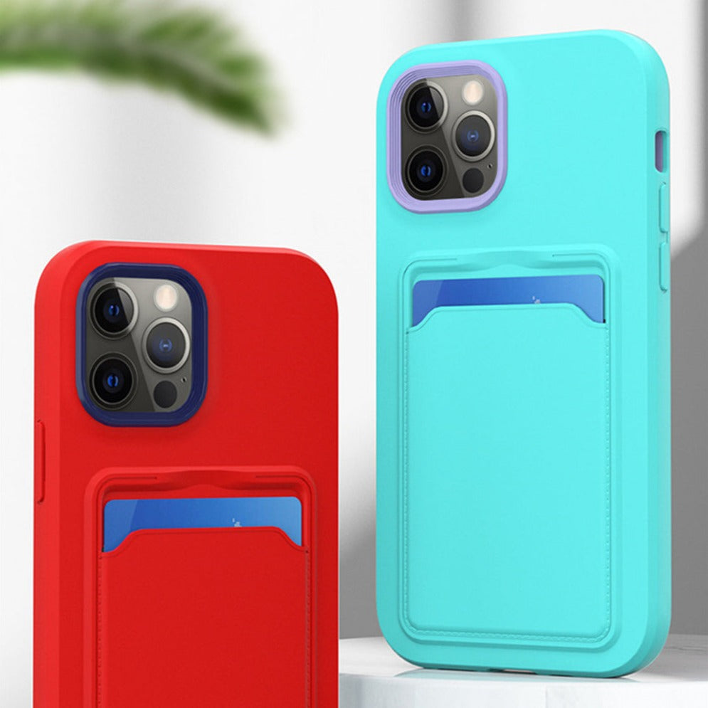Silicone iPhone Case with Built-In Card Holder Wallet Slot Dual Color Shockproof Protective Cover Anti-Fingerprint Finish Raised Edges
