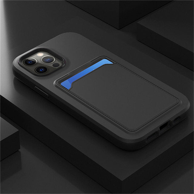 Silicone iPhone Case with Built-In Card Holder Wallet Slot Dual Color Shockproof Protective Cover Anti-Fingerprint Finish Raised Edges