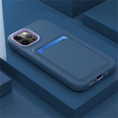 Silicone iPhone Case with Built-In Card Holder Wallet Slot Dual Color Shockproof Protective Cover Anti-Fingerprint Finish Raised Edges