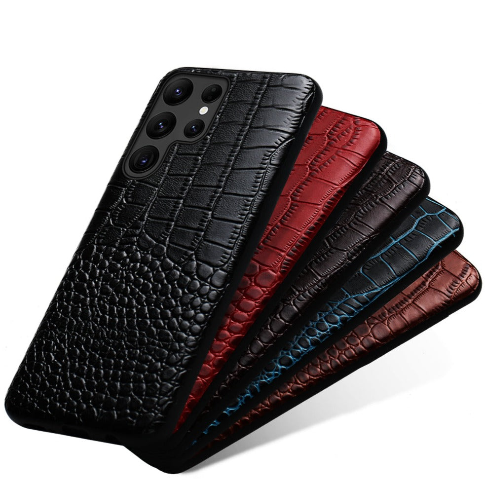 Premium Cowhide Leather Phone Case for Samsung Galaxy – Dual-Tone Design with Raised Edges & Camera Protection