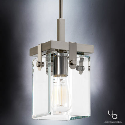 12-Inch Steel and Beveled Glass Hanging Light Fixture for Countertops, Dining Areas, and Hallways – Brushed Nickel Finish with Height-Adjust