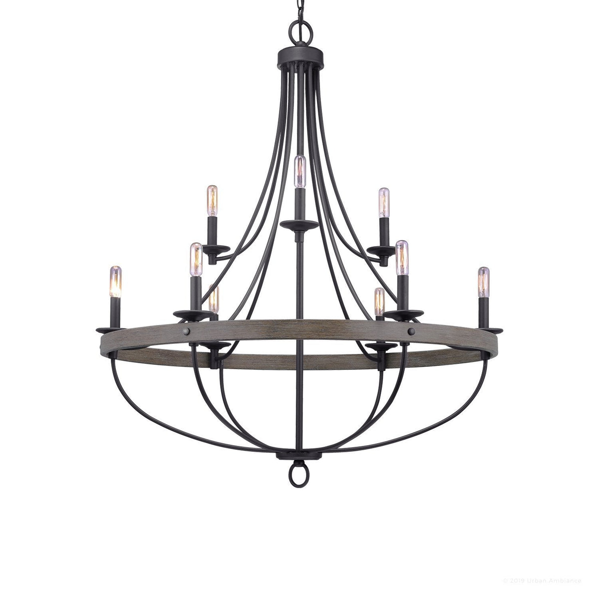 9-Light Steel Pendant Fixture Round Industrial Farmhouse Ceiling Light Charcoal 35-Inch Dining Room Open Cage Chandelier Adjustable Height