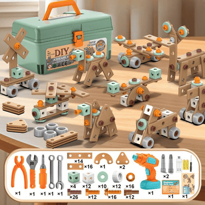 Kids Construction Toy Workshop with Realistic Power Tools 198-Piece STEM Building Set ABS Plastic Pretend Play Drill Screwdriver for Boys Gi
