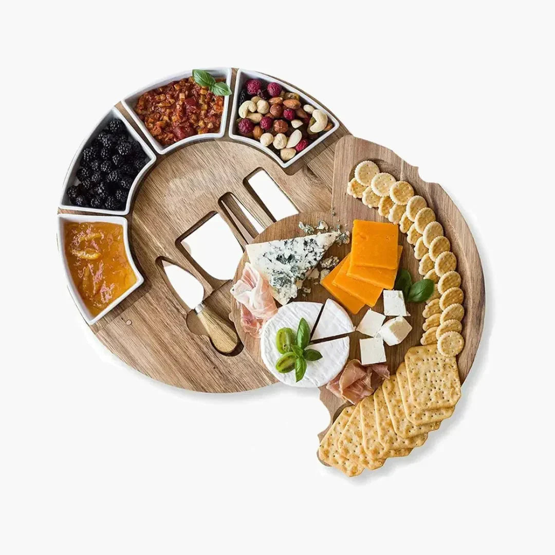 Round Wood Serving Tray with Bowls and Knives 13 Inch Appetizer Platter Set for Entertaining Charcuterie Display Board Natural Acacia Snack