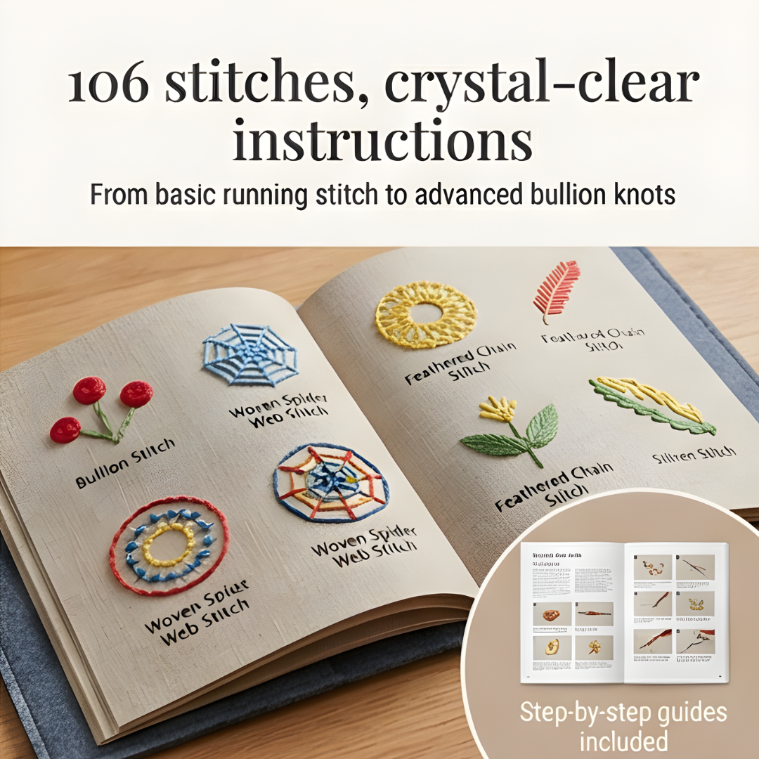Removable-Page Needlework Learning Kit with 106 Techniques on Linen Sheets & 86-Piece Tool Set for Beginners
