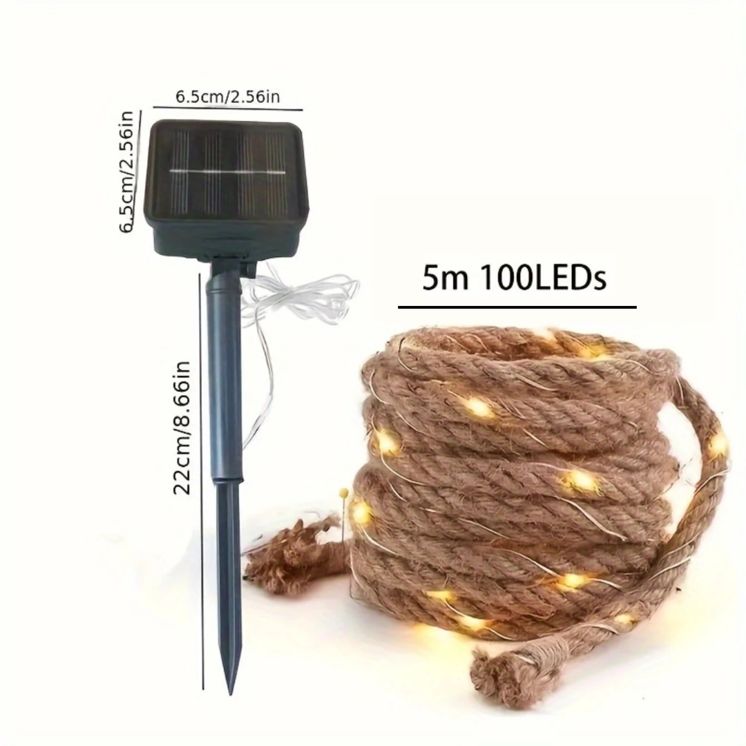 Solar-Powered LED Rope Light with Hemp Design 16.4 ft Waterproof Outdoor String Lights for Patio Garden Deck Yard Party Decor Dusk-to-Dawn S