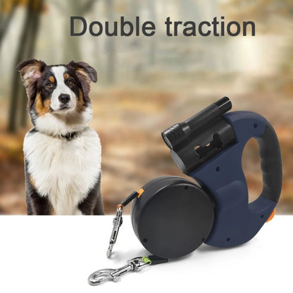Dual Retractable Dog Leash with LED Flashlight & Waste Bag Holder for Two Dogs Up to 26 lb Each