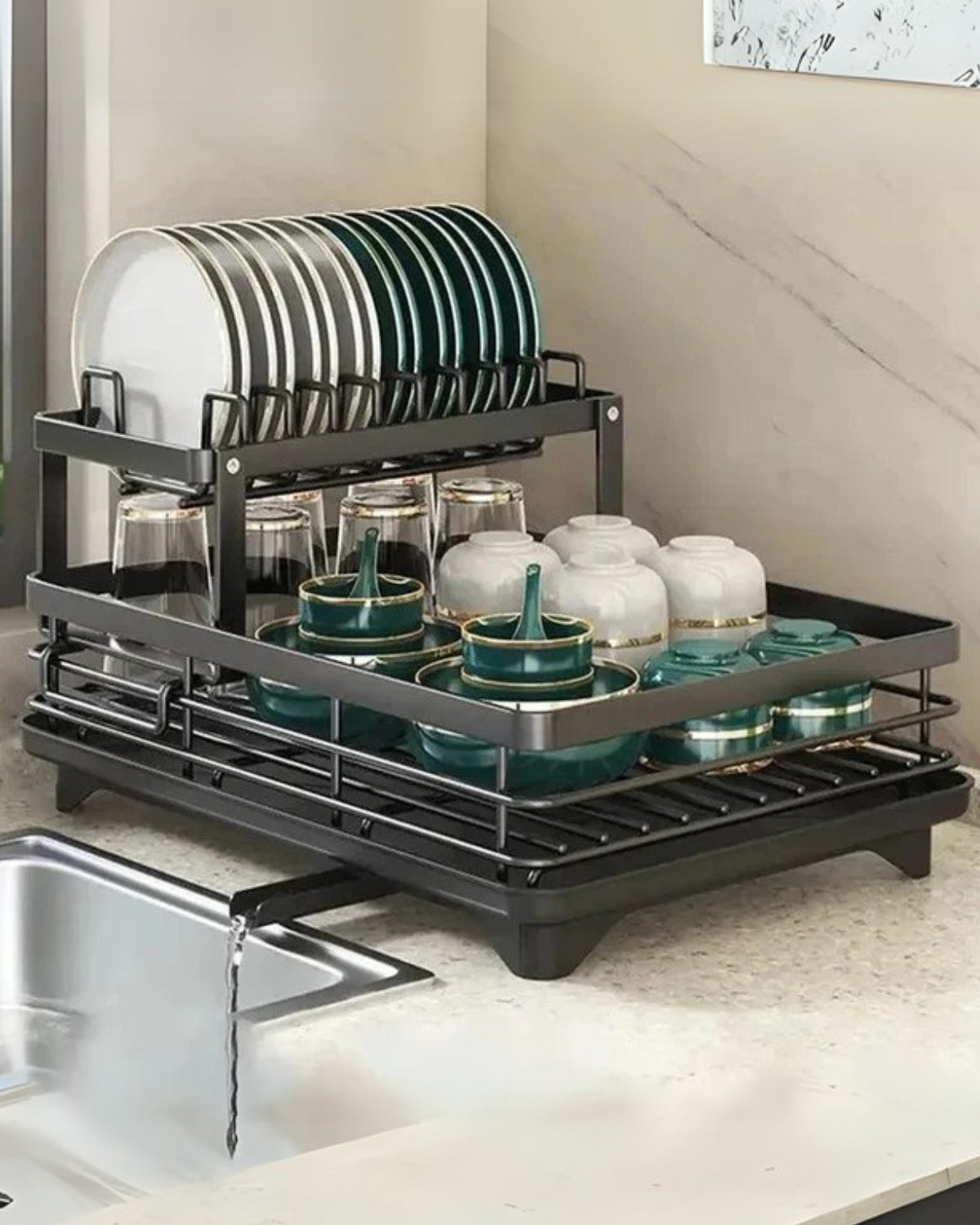 Carbon Steel Dish Drying Rack with 360° Rotating Drain Spout – Multi-Tier Kitchen Organizer for Countertop