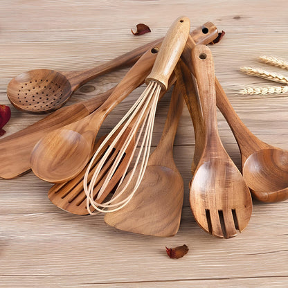 Wooden Cooking Utensil Set 11-Piece with Organizer Holder Teak Spatula Spoon Ladle Kitchen Tools for Nonstick Cookware Countertop Storage
