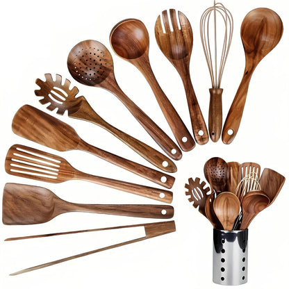 11-Piece Wooden Cooking Utensil Set with Holder Natural Teak Wood Spoons Spatulas for Nonstick Pans Kitchen Tools Organizer
