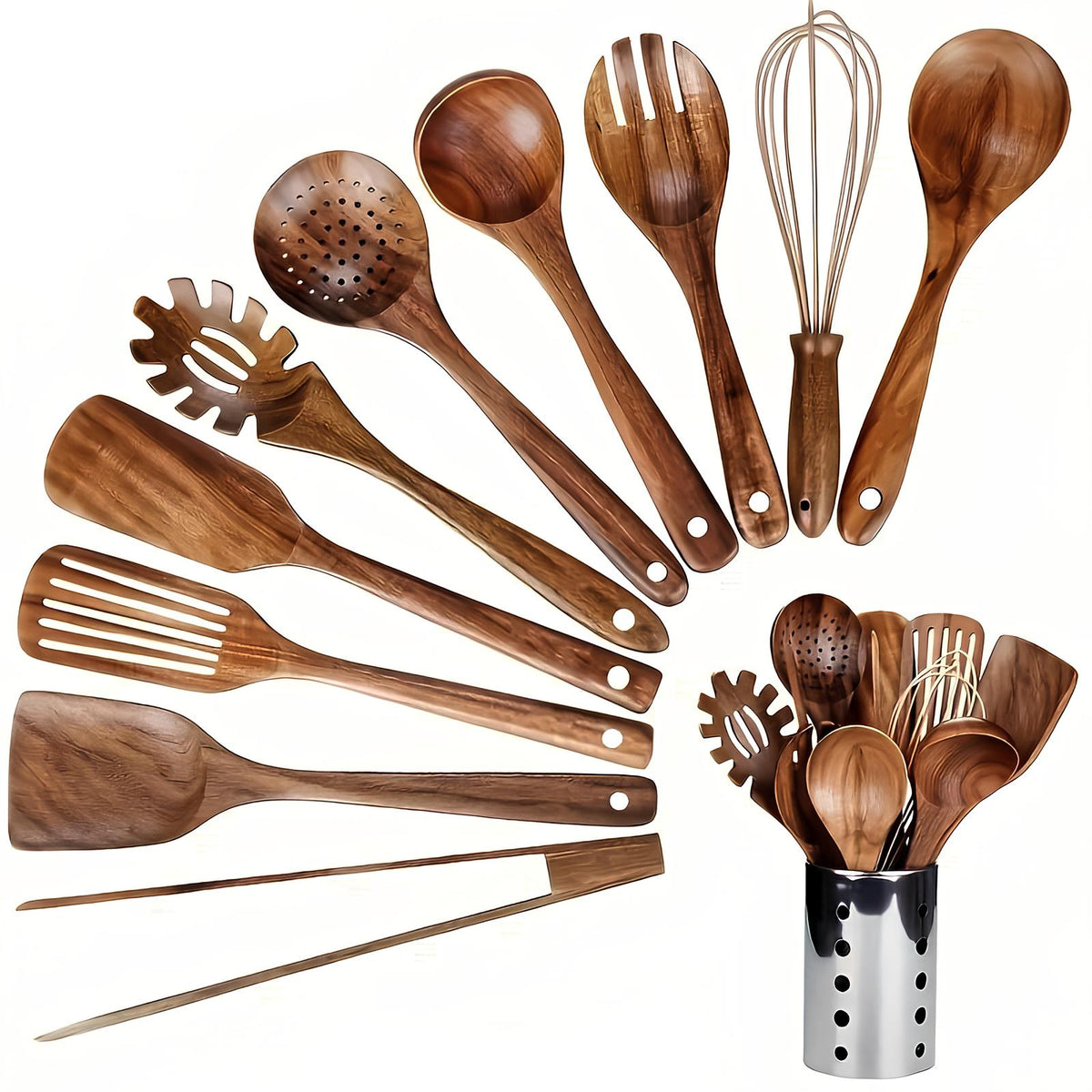 Wooden Cooking Utensil Set 11-Piece with Organizer Holder Teak Spatula Spoon Ladle Kitchen Tools for Nonstick Cookware Countertop Storage
