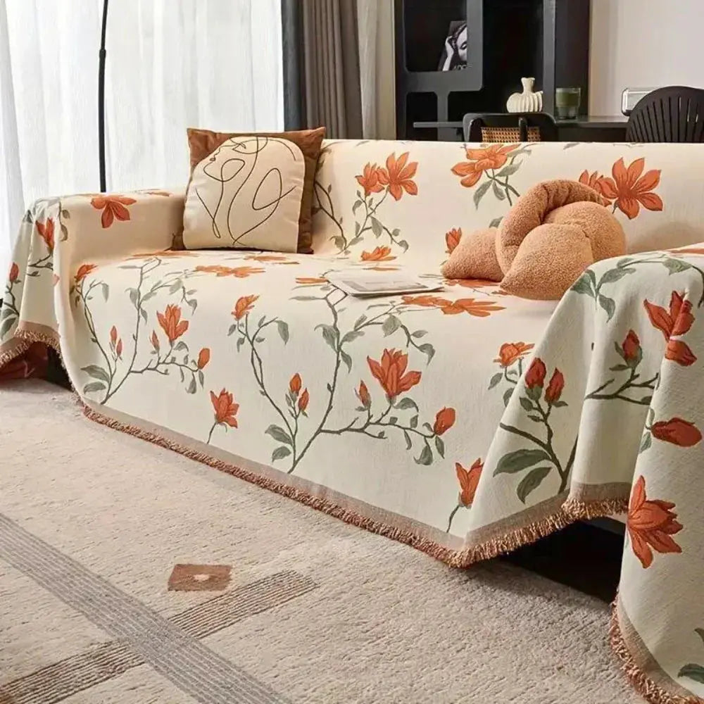 Chenille Throw Blanket with Tassels – Boho Couch Cover & Furniture Protector for All Seasons, Woven Texture, Pet-Friendly Sofa Slipcover