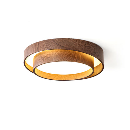 Round Flush Mount LED Ceiling Light Fixture Wood Grain Metal 16 in Diameter for Bedroom Living Room Kitchen Office Low Profile Modern Overhe