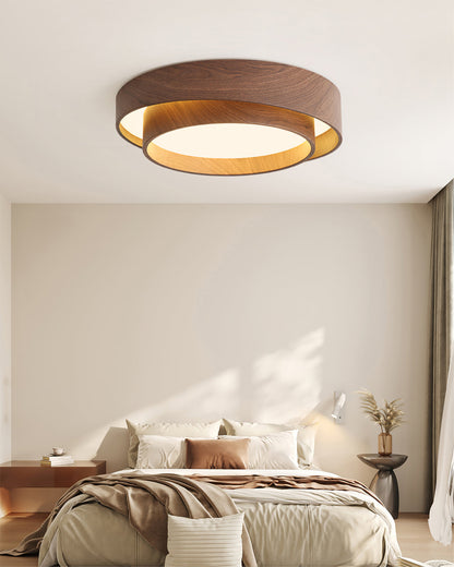Round Flush Mount LED Ceiling Light Fixture Wood Grain Metal 16 in Diameter for Bedroom Living Room Kitchen Office Low Profile Modern Overhe