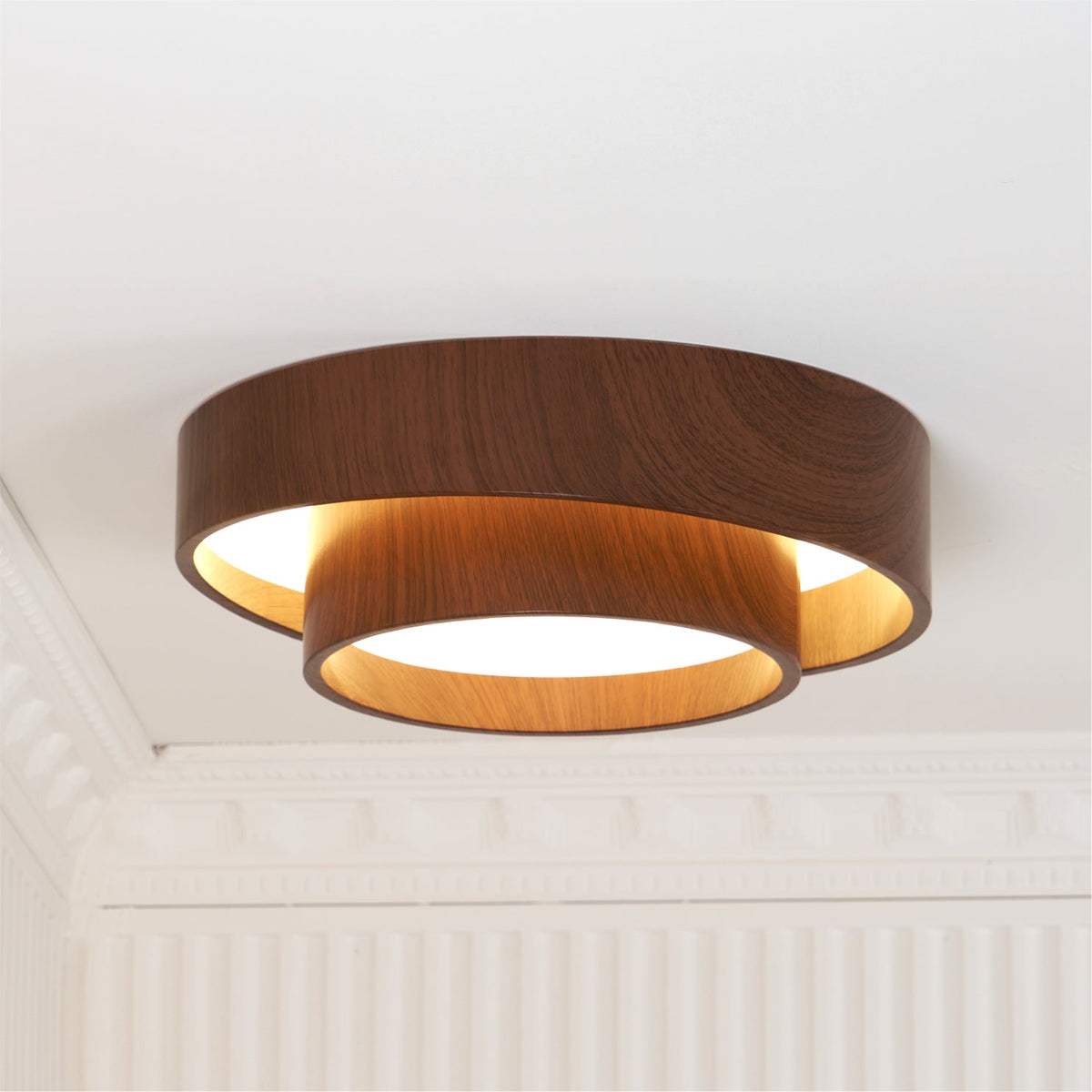 Round Flush Mount LED Ceiling Light Fixture Wood Grain Metal 16 in Diameter for Bedroom Living Room Kitchen Office Low Profile Modern Overhe