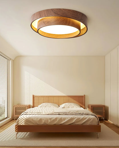 Round Flush Mount LED Ceiling Light Fixture Wood Grain Metal 16 in Diameter for Bedroom Living Room Kitchen Office Low Profile Modern Overhe