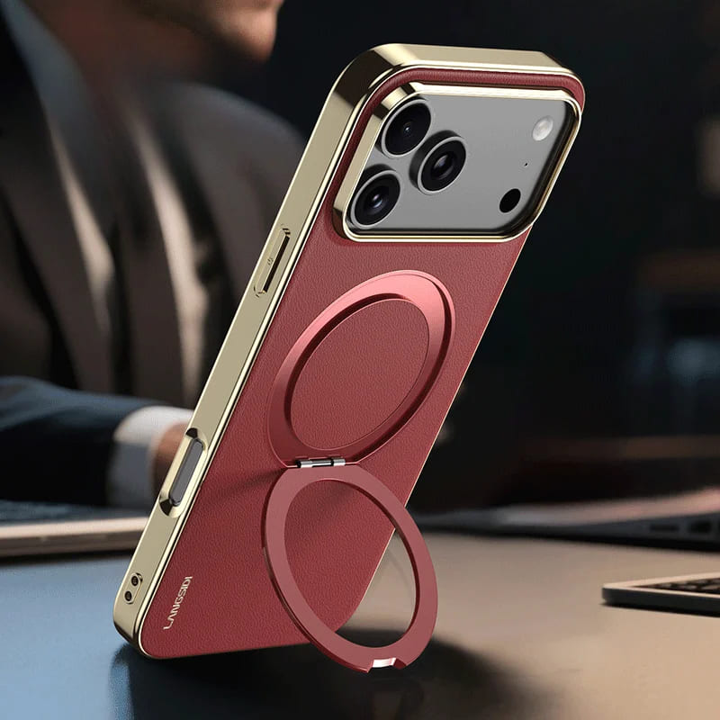 Leather MagSafe iPhone Case with 360° Rotating Ring Stand & Metallic Frame for iPhone 17, 16, 15, 14 Pro Max Plus Air