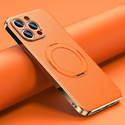 Leather MagSafe iPhone Case with 360° Rotating Ring Stand & Metallic Frame for iPhone 17, 16, 15, 14 Pro Max Plus Air