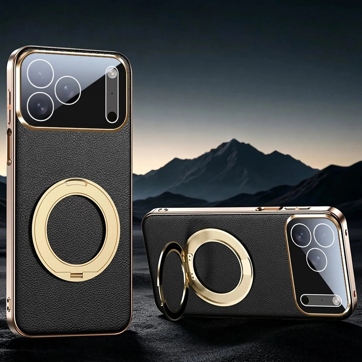 Leather MagSafe iPhone Case with 360° Rotating Ring Stand & Metallic Frame for iPhone 17, 16, 15, 14 Pro Max Plus Air