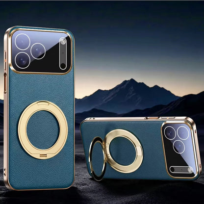 Leather MagSafe iPhone Case with 360° Rotating Ring Stand & Metallic Frame for iPhone 17, 16, 15, 14 Pro Max Plus Air
